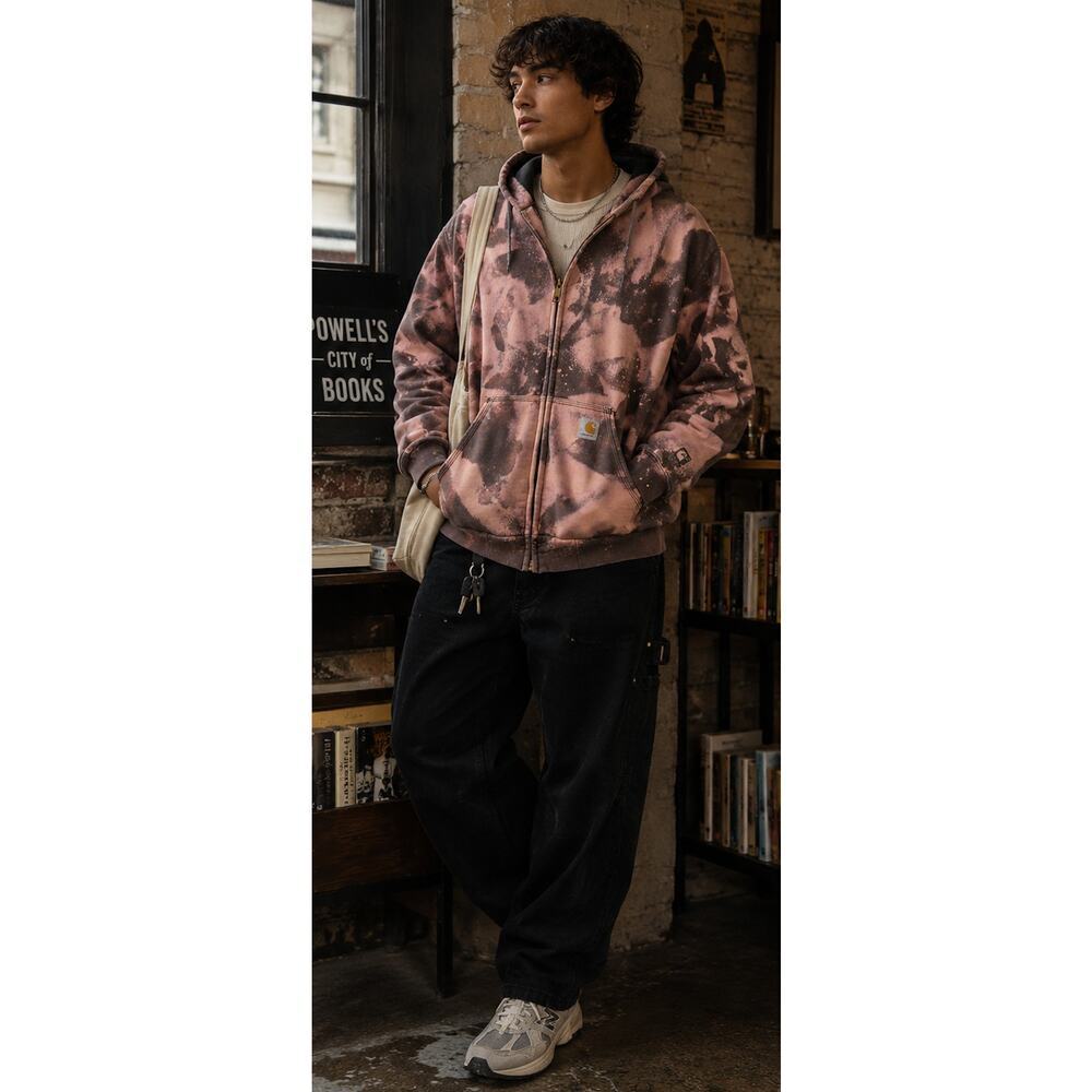 Carhartt Full Zip Hoodie Bleached Distressed Workwear Jacket Pink Brown M